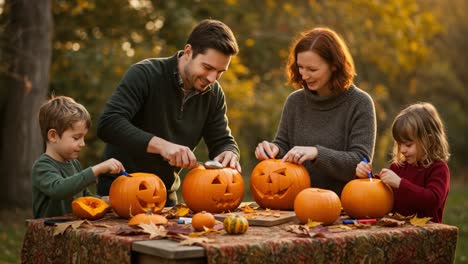 family halloween tradition: joyful pumpkin carving with kids surrounded by autumn leaves and beautiful fall colors in a cozy outdoor setting