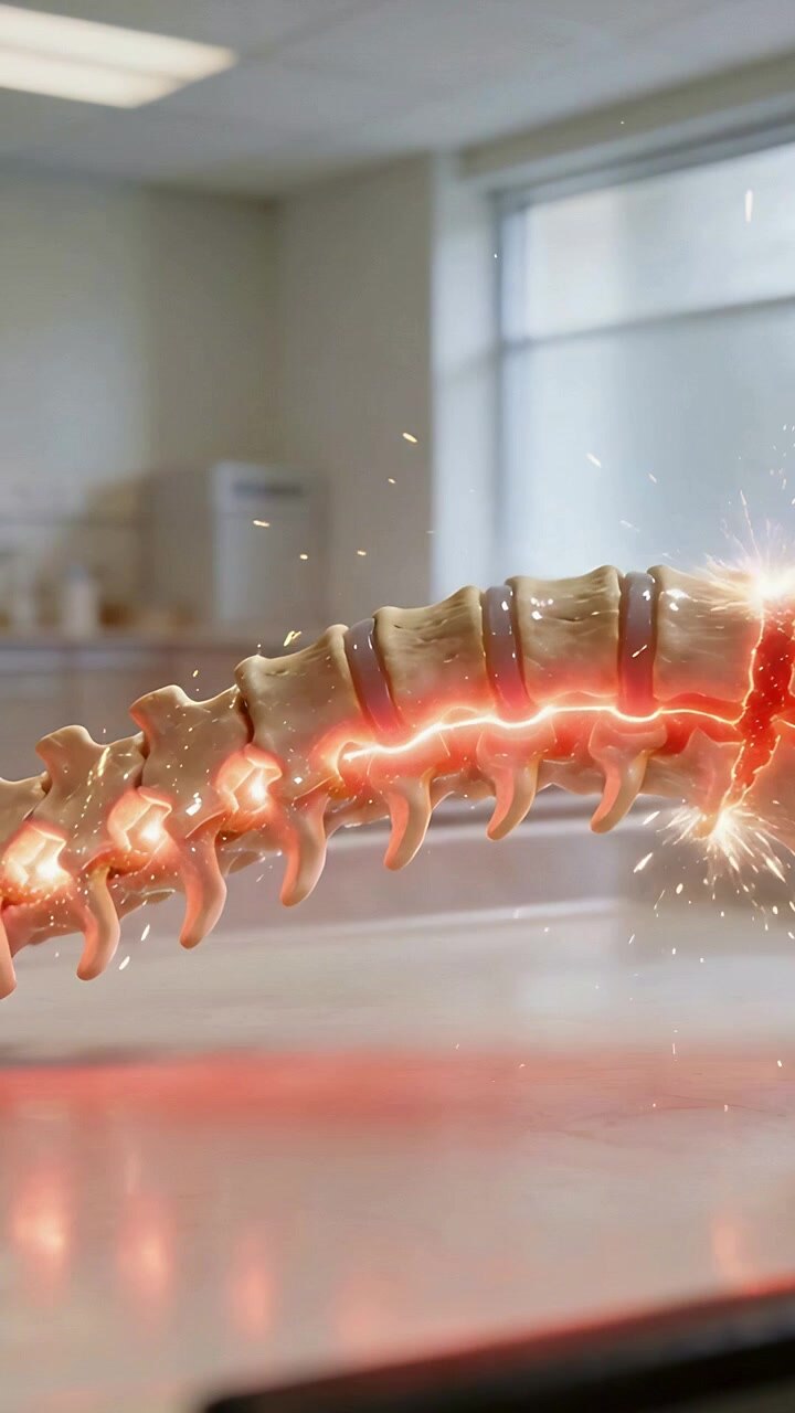 Vertical video: Showing spine model pulsing on red line brightening on exam table, sparking joints