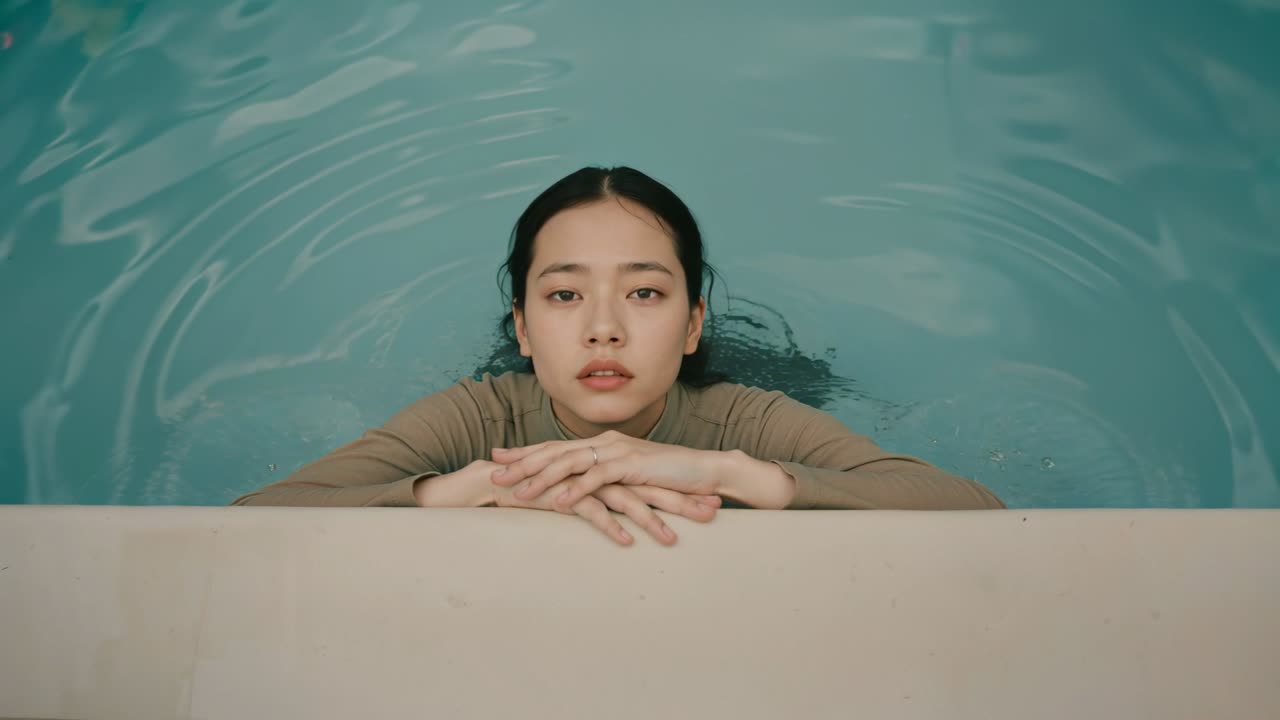 ターコイズ色のプールの縁で、オリーブ色のトップスを着てお団子ヘアにしたアジア人女性が水につかり、縁につかまっている様子。