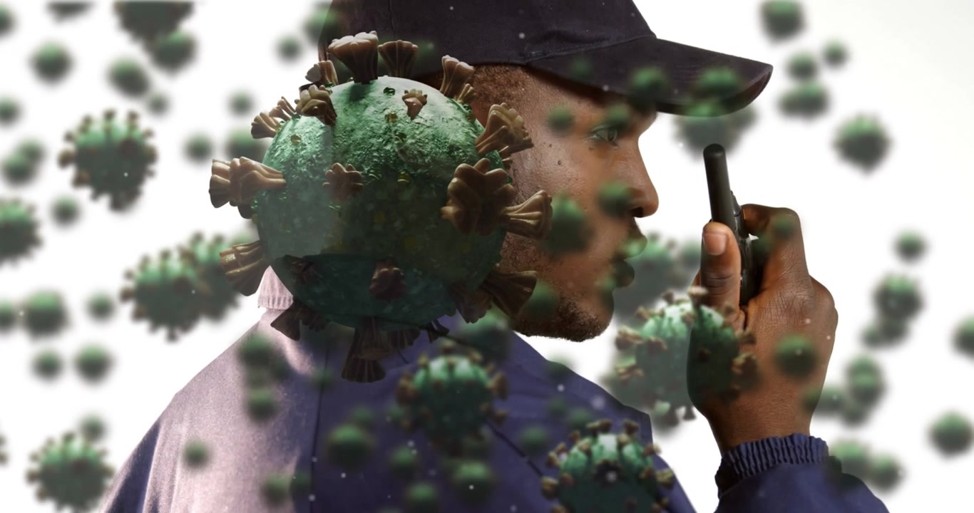 Security Guard Communicating Amidst Coronavirus Particles