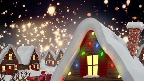 Animation-of-winter-scenery-with-decorated-houses-and-light-spots-on-black-background