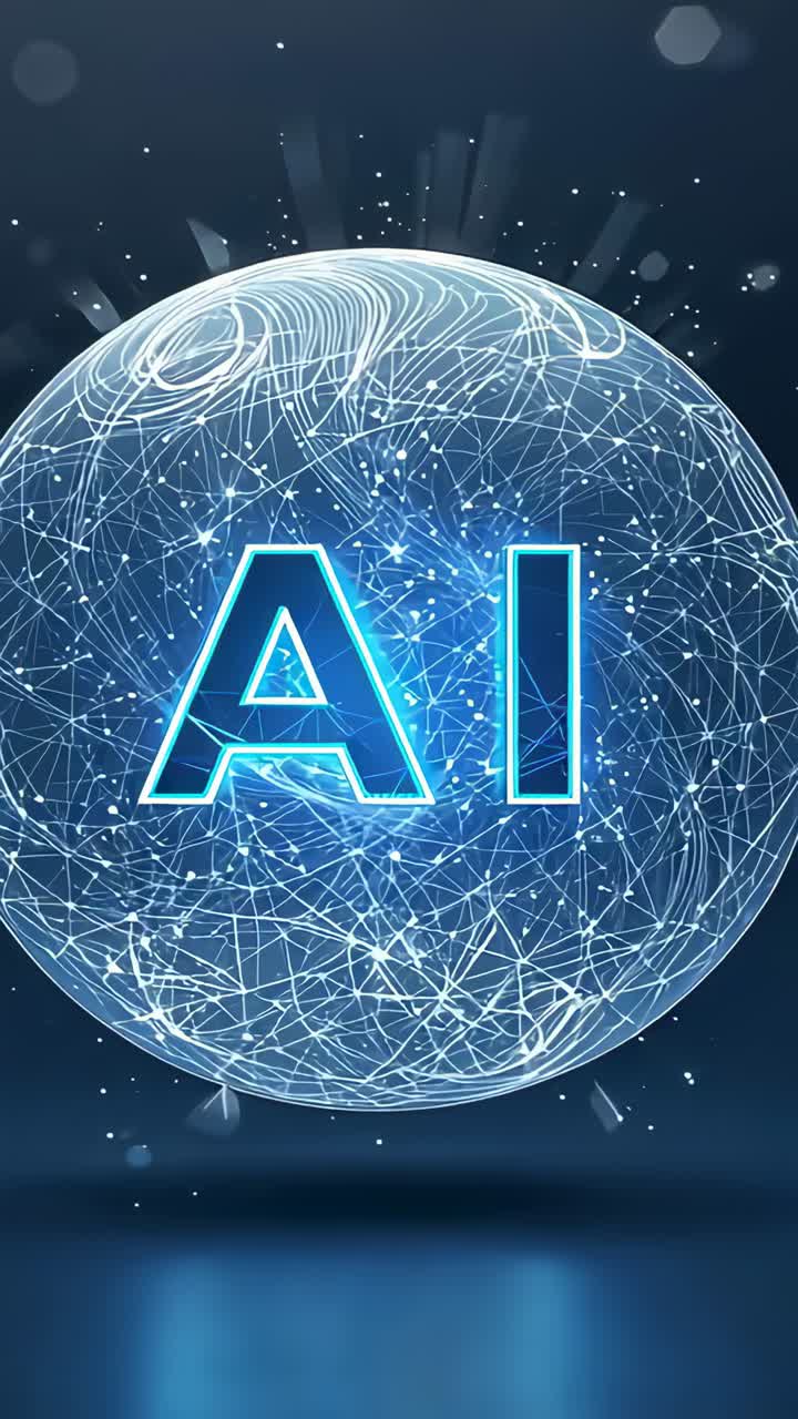 Vertical video: Pulsing hologram globe with AI glowing after pulse on dark stage firing node rays