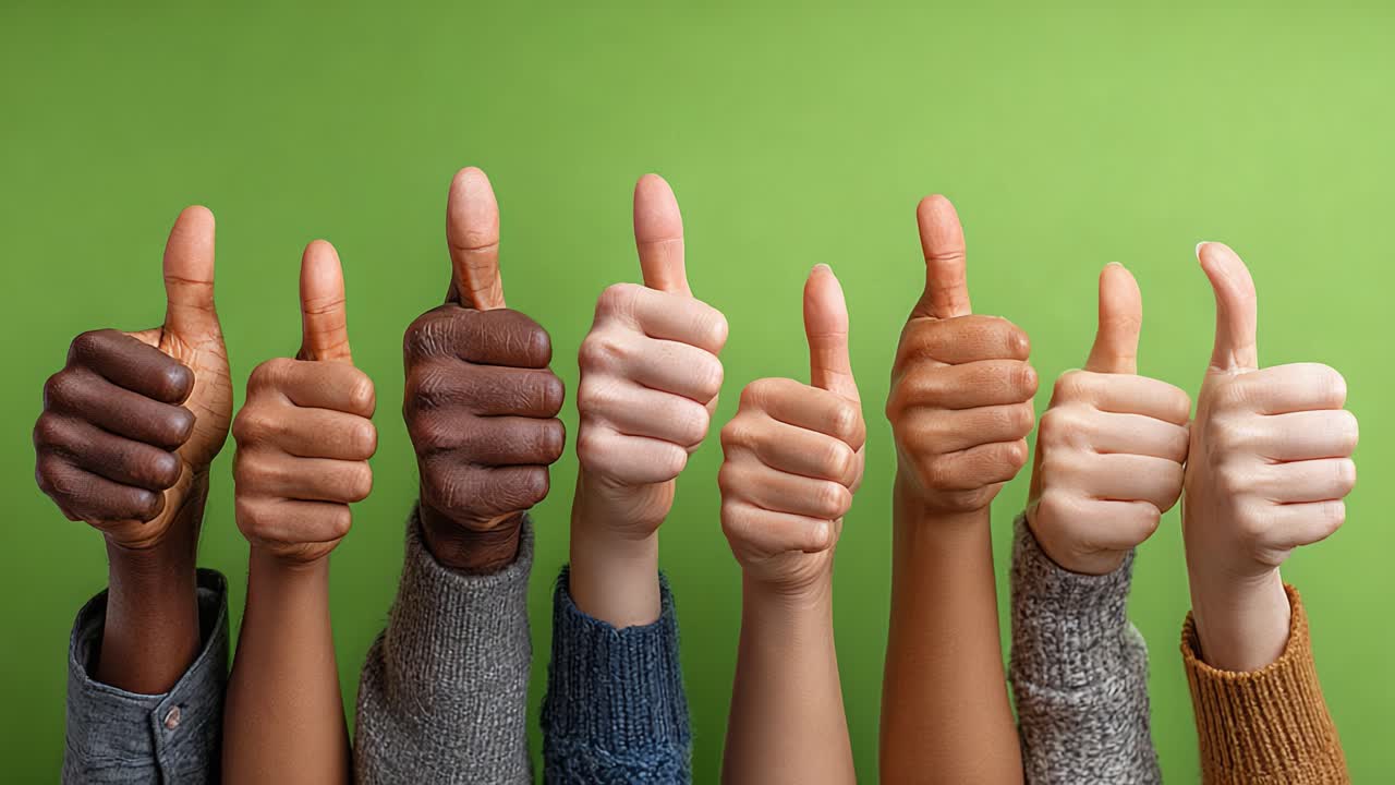 Unité et positivité : une collection de mains avec le pouce levé sur un fond vert vif, célébrant la convivialité et l’enthousiasme dans la vie