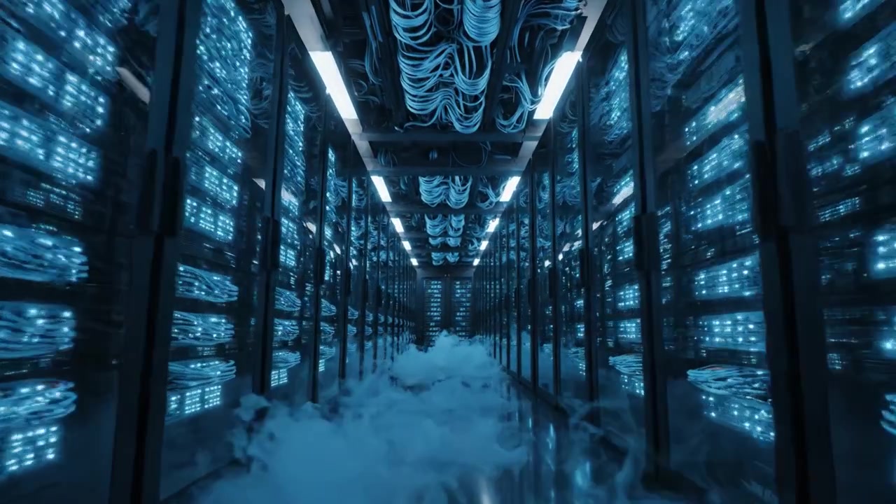 Et teknologisk indblik i et avanceret datacenter fyldt med oplyste servere og neonkabler, der viser fremtiden for digital infrastruktur og konnektivitet.