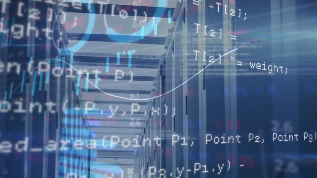 Animation of data processing and diagram over server room