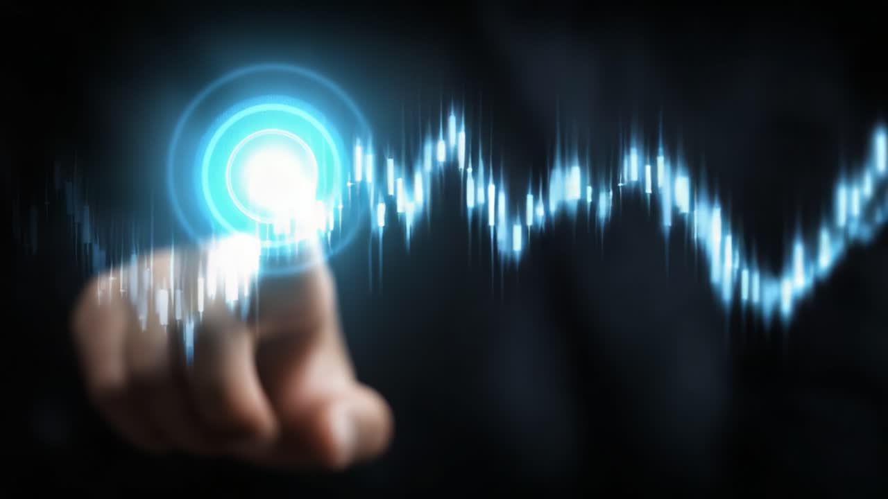 Interacting with Digital Data: A Finger Touches Visual Sound Waves in a Futuristic Interface Displaying Dynamic Patterns and Vibrant Colors