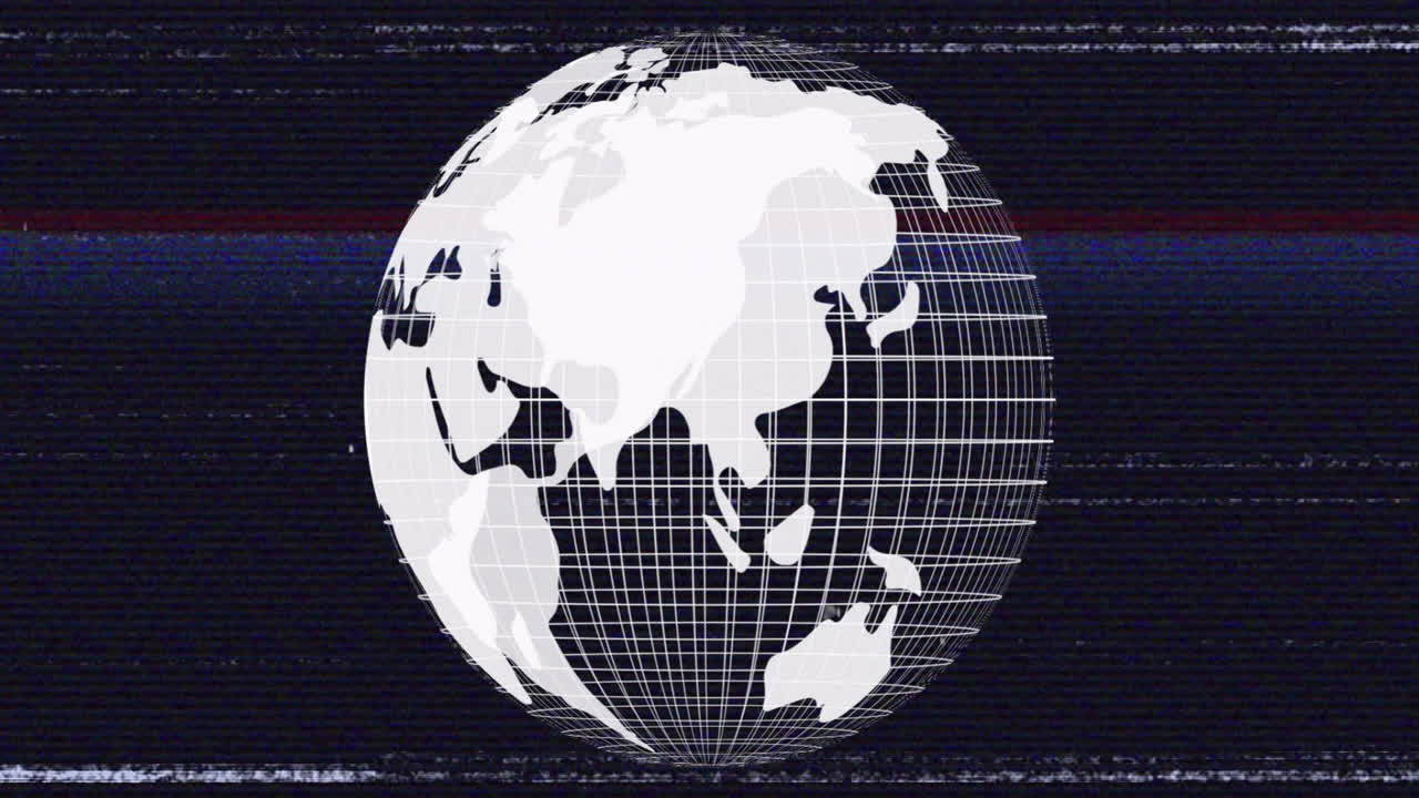 3D render wireframe globe rotating over dark digital grid, showing continents with glitch artifacts