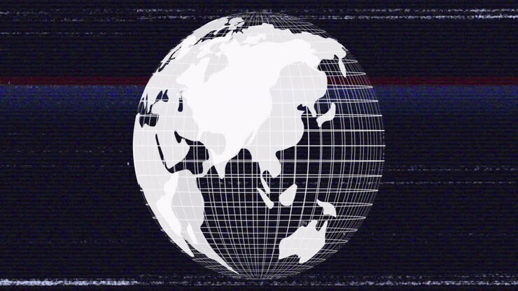 3D render wireframe globe rotating over dark digital grid, showing continents with glitch artifacts