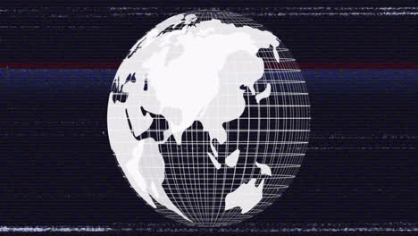 3D render wireframe globe rotating over dark digital grid, showing continents with glitch artifacts
