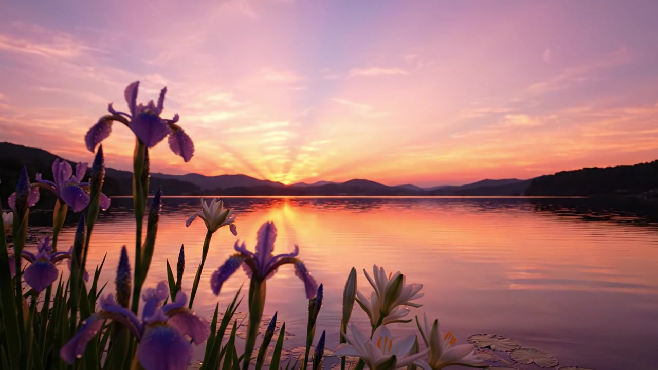 A Serene Sunset Over a Tranquil Lake Showcasing Vibrant Iris Flowers and a Colorful Skyline Transitioning from Day to Night
