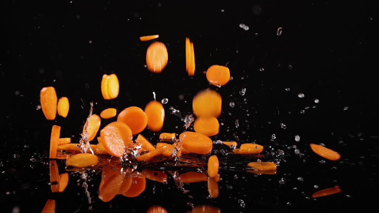 Sliced baby carrots fall and splash on a reflective black surface, creating a dynamic and vibrant visual effect
