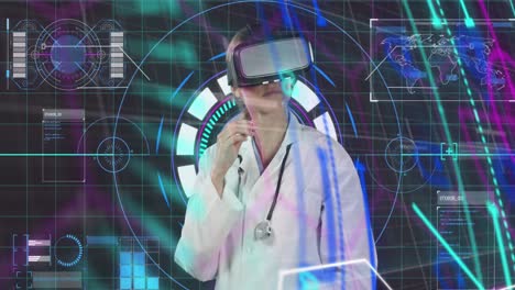 Animation-Einer-Kaukasischen-Ärztin-Im-VR-Headset-über-Einem-Digitalen-Bildschirm-Mit-Verschiedenen-Daten