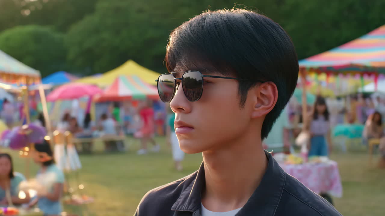 Young Man in Sunglasses at an Outdoor Festival
