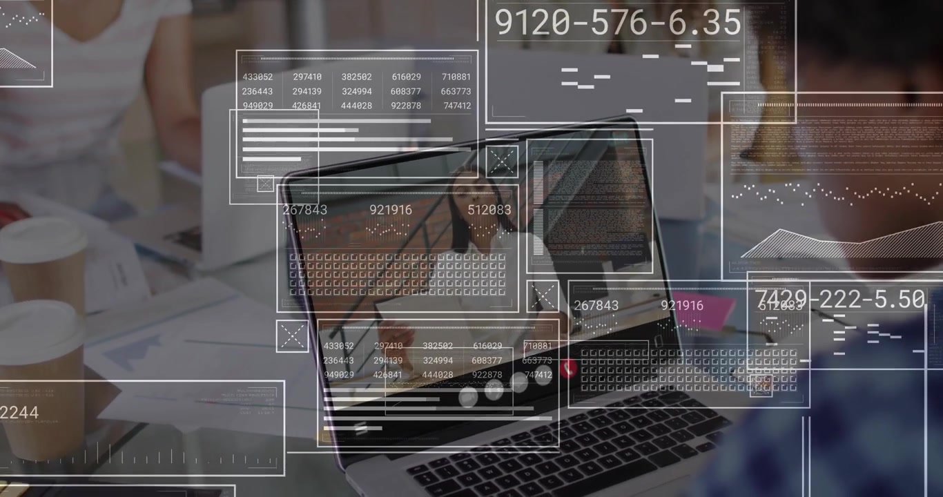 Call starting, host speaking on laptop in business meeting, HUD numbers growing, framing host