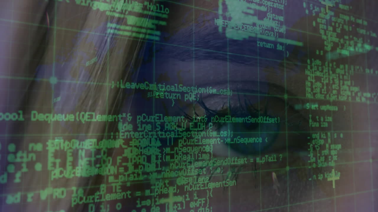 animación del procesamiento de datos sobre el ojo de la mujer caucásica