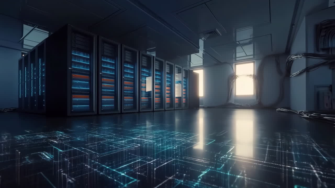Futuristic Data Center with Glowing Network Floor