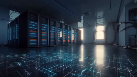 futuristic data center with glowing network floor