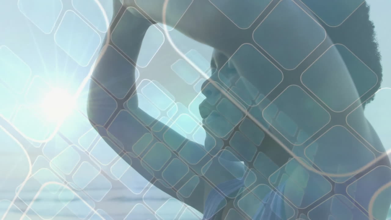 On beach, woman relaxing under sunlight with geometric pattern animation overlay