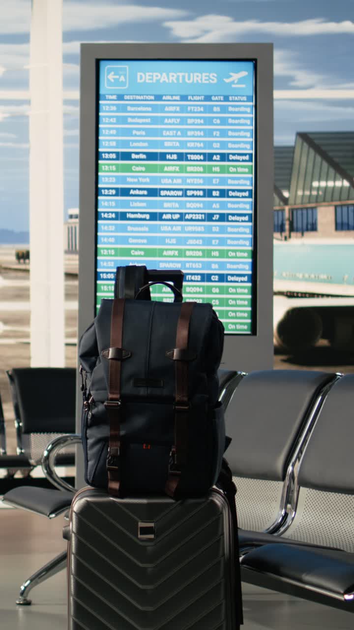 Equipaje en la zona de espera del aeropuerto con panel de salidas