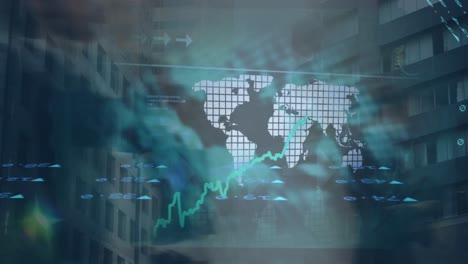 animation of financial data over world map, businesspeople and clouds