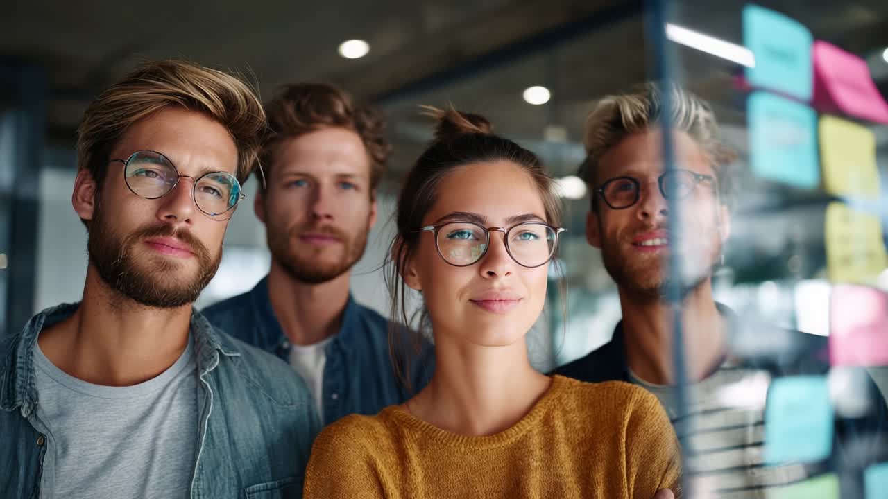 Gruppe af unge mennesker, der samarbejder på et moderne kontor, engageret i brainstorm med kreative sticky notes, der viser teamwork, innovation og en produktiv atmosfære for idégenerering