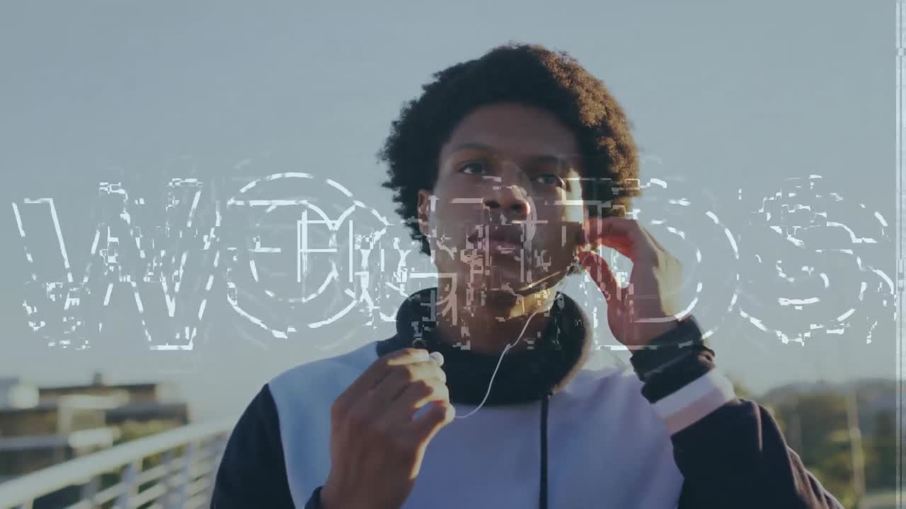 Animation of fight text over biracial male runner wearing earphones