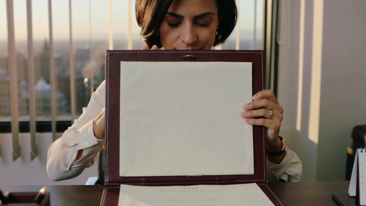 Una donna in camicetta color crema solleva un raccoglitore, allineando un blocco note e rivelando dei documenti sulla scrivania dell'ufficio per una riunione.
