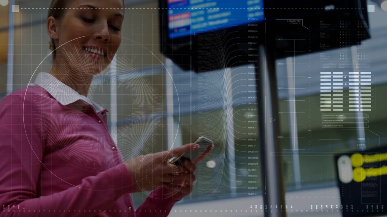 Adult female traveler on seeing flight display checking phone, typing, HUD graphics confirming time