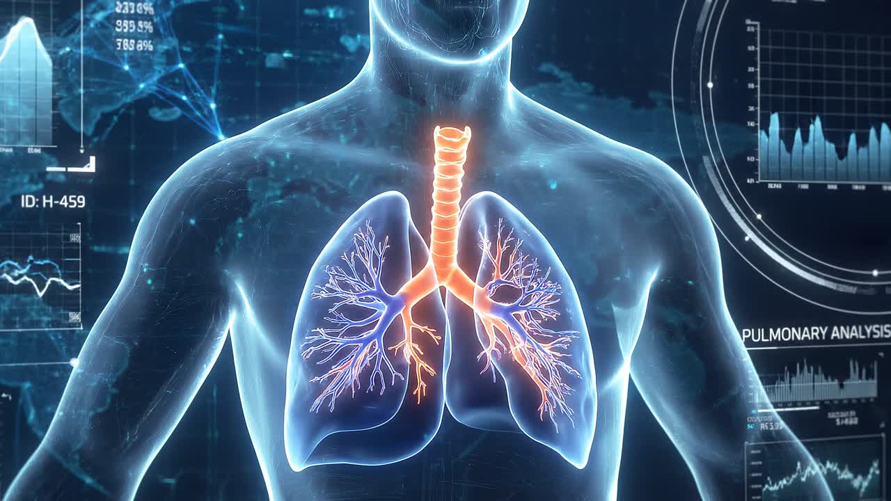 Interfaccia medica avanzata che visualizza polmoni umani con grafici di analisi dati e uno sfondo di sistema di monitoraggio globale.