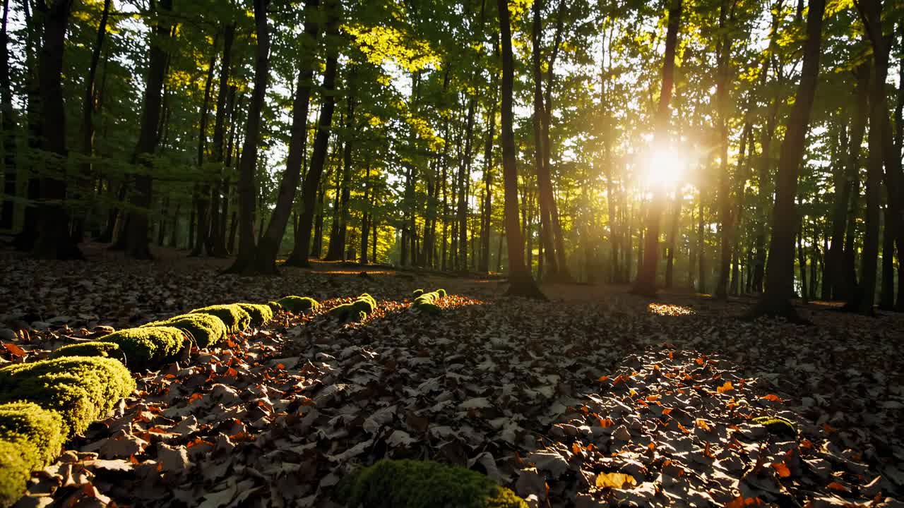 Low-angle video shot of a sunlit forest, capturing sun rays filtering through tall trees