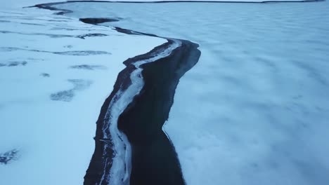 frozen landscape of a icy river found in the snowy mountains in switzerland, aerial