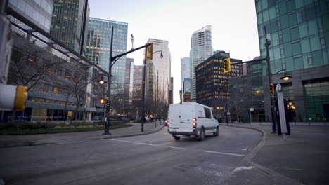 city traffic on a modern downtown street during sunset