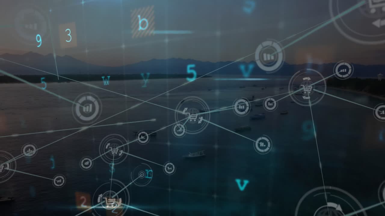 Animation of warning text and network of connections over landscape