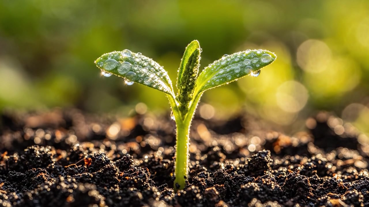 Un Germoglio Fresco che Emerge dal Terreno Circondato da Gocce di Rugiada in un Ambiente Illuminato dal Sole, Simboleggiando Crescita, Rinnovamento e la Bellezza del Ciclo Vitale della Natura