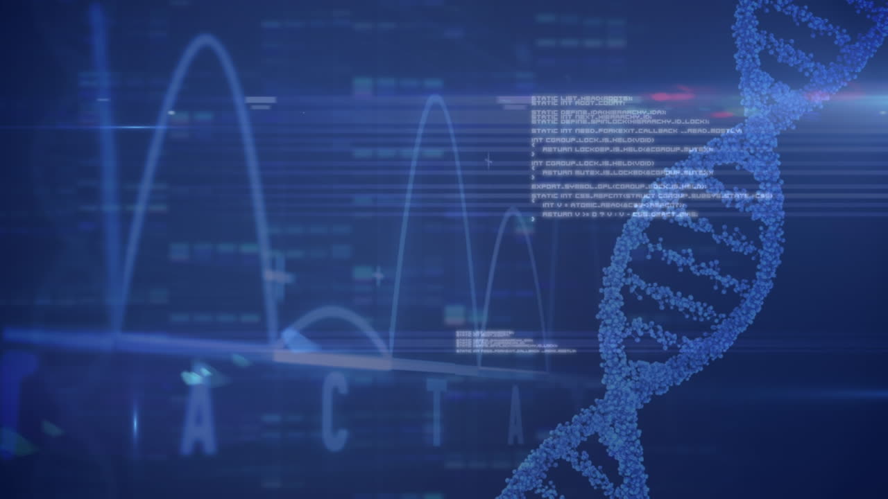 Animation of dna strand over data processing on blue background