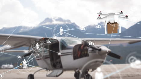 network of digital icons over drone carrying a delivery box against airplane at runaway