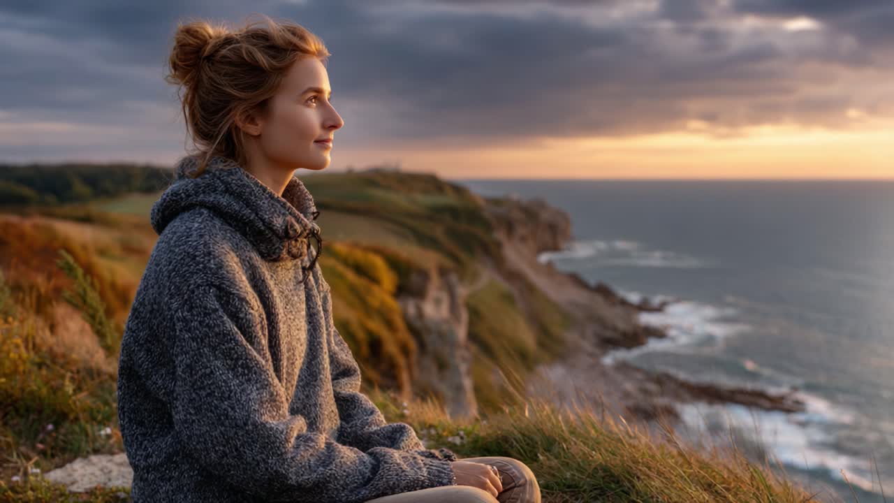 A Serene Moment of Reflection: Capturing a Young Woman Enjoying Tranquility by the Ocean at Sunset Amidst Breathtaking Coastal Scenery