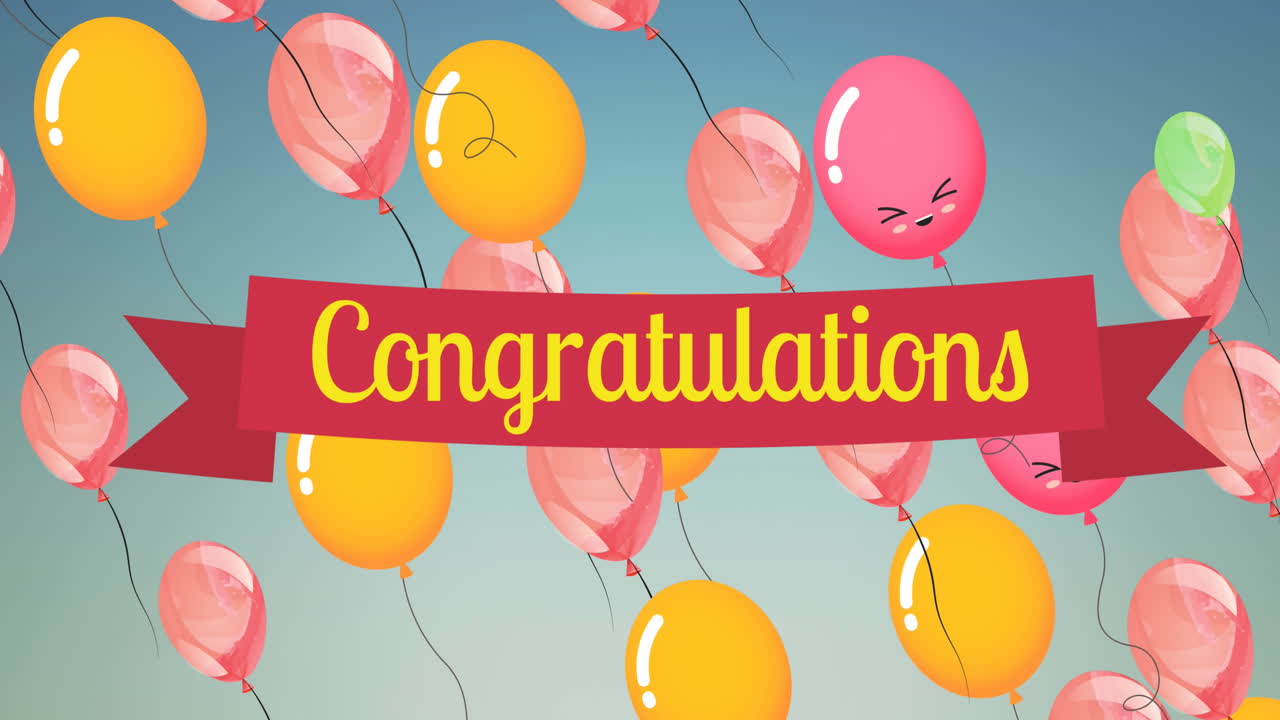 파란색 배경에 떠다니는 다채로운 풍선과 축하의 애니메이션