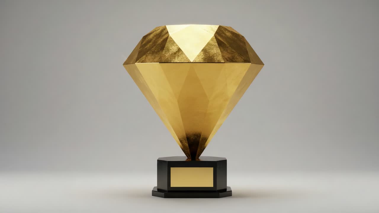 A Gleaming Diamond-Like Trophy Symbolizing Achievement and Excellence, Showcasing a Stunning Geometric Design with a Brilliant Gold Finish Standing Proudly on a Sleek Black Base