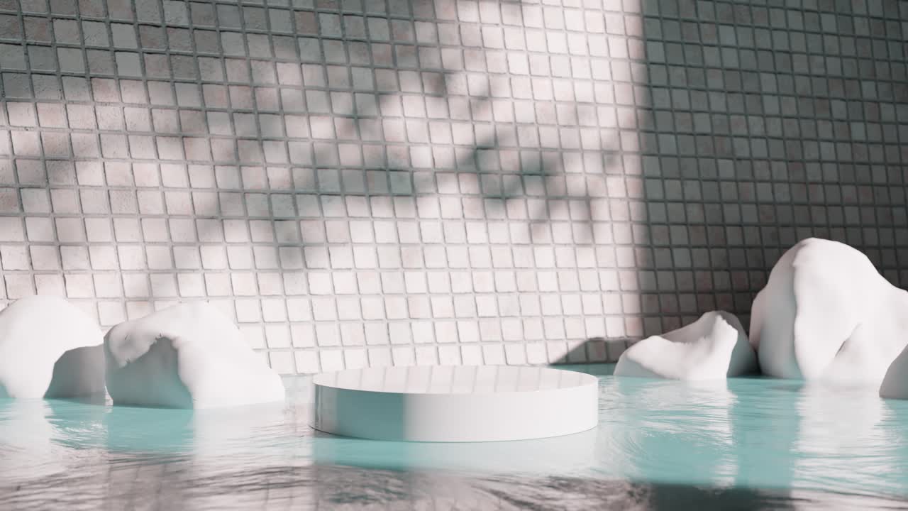 White Pedestal Display with Water and Rocks