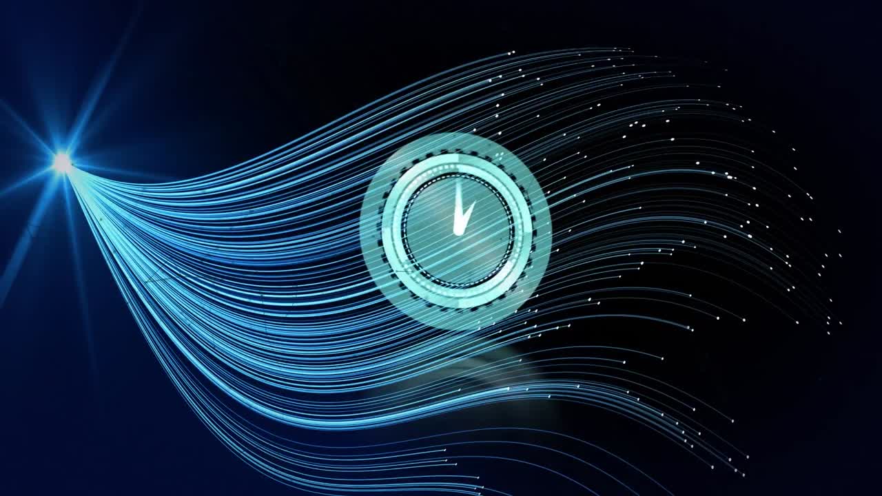 Animation of moving clock and networks of connections over blue shapes on black background