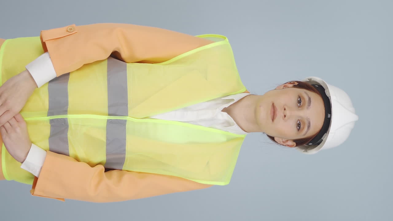 vídeo vertical del ingeniero mira a la cámara y hace una señal de alto.