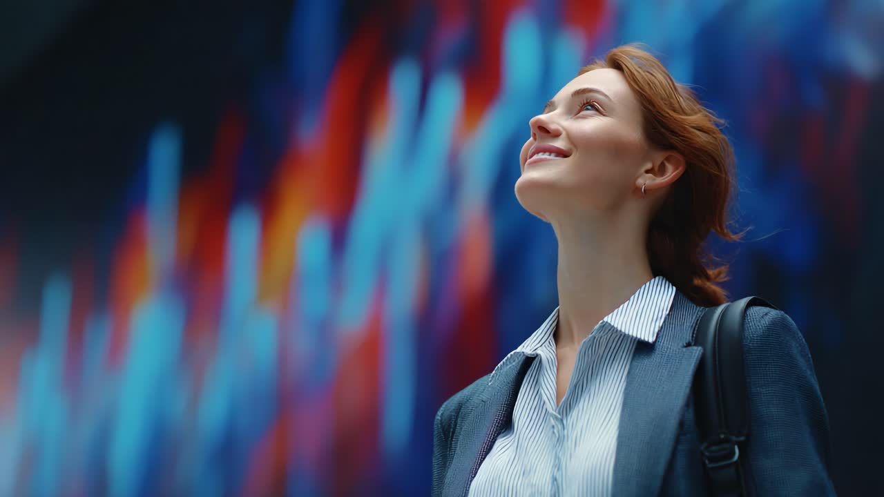 A Professional Woman Reacts to Inspirational Visuals, Embracing Optimism and Ambition Against a Vibrant Abstract Background Filled with Colors