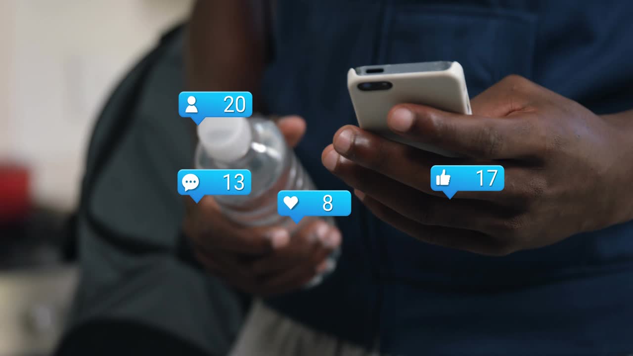 Man tapping phone holding bottle, blue bubble appearing generating social badges showing likes rise