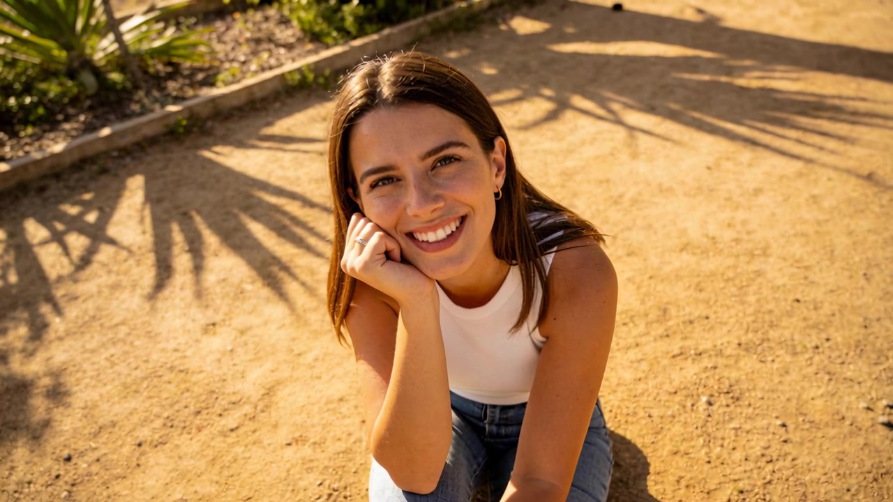 Mujer sonriente sentada en un camino de tierra cerca de un parterre, vistiendo una blusa blanca y ajustando la cámara.