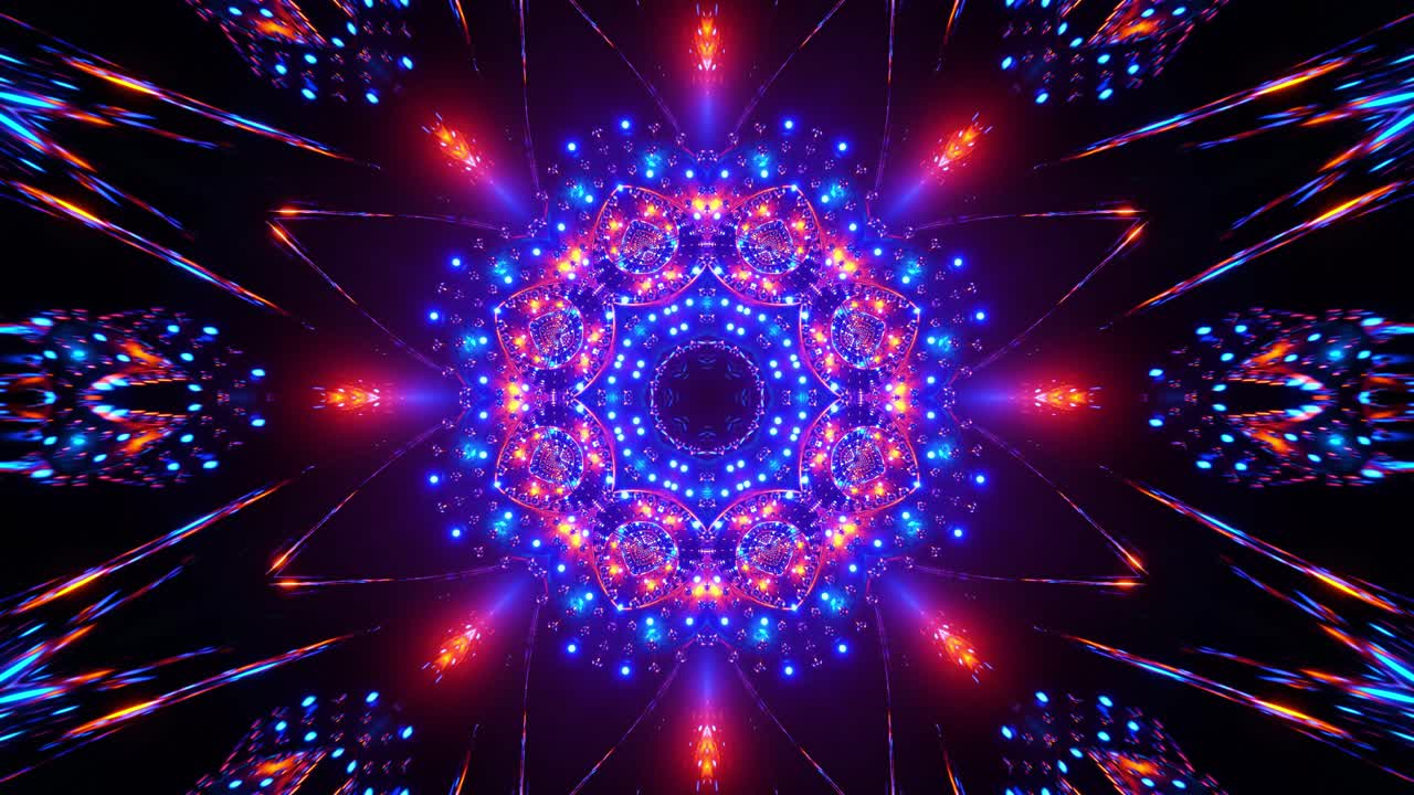 Colorful circular design with many lights on it's sides. Kaleidoscope VJ loop