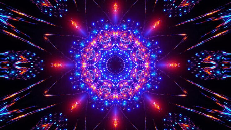Colorful circular design with many lights on it's sides. Kaleidoscope VJ loop