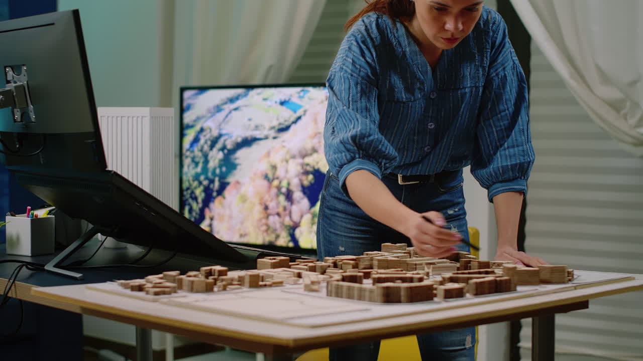 Engineer analyzing architectural print plan and maquette