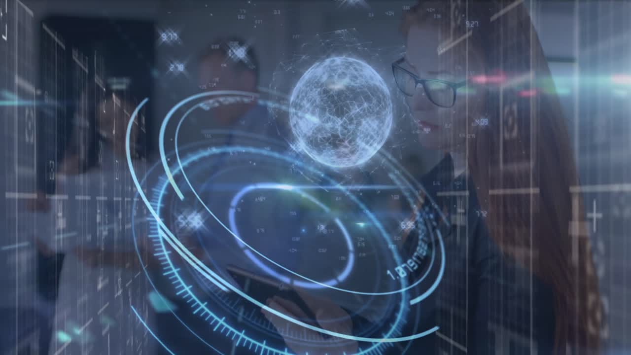 animación de luces y círculo de procesamiento con globo sobre doctora caucásica