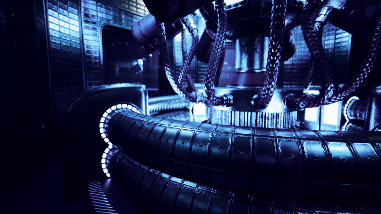 Futuristic energy generator with intricate design in a dimly lit environment